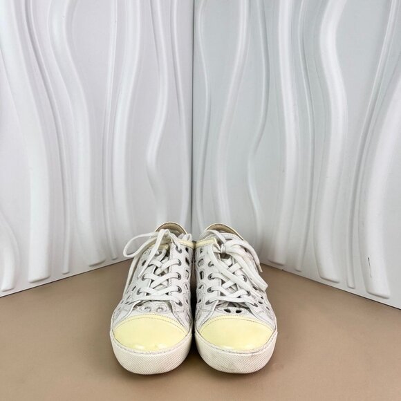 Chanel White Leather Perforated Lace-Up Sneakers With Yellow Toe Cap & Heel Acce - Picture 3 of 8